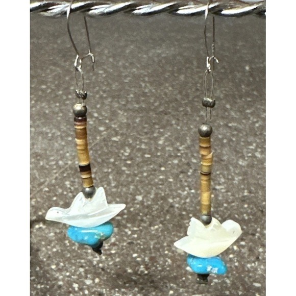 Southwestern Dove Shell Turquoise Dangle Heishi Bead Earrings 2" Handmade USA - Picture 2 of 8